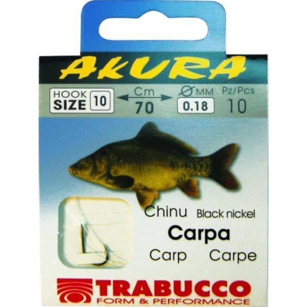 Trabucco Akura Carp 1/0 Flat, Bearded Monofilament Pre-tied Hook 10pcs