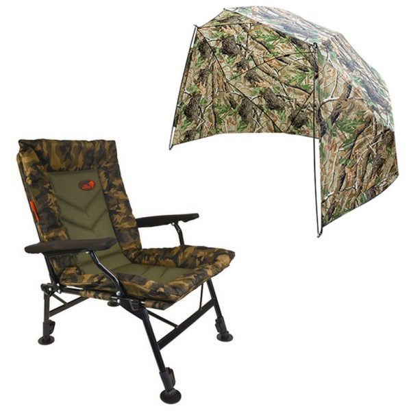 Carp Expert Comfort Camo Fishing Chair & Half-Shelter - with 250cm Umbrella