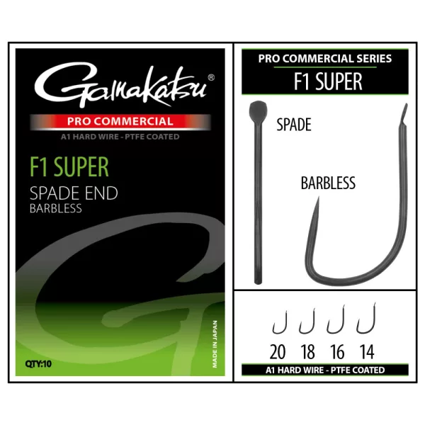 Gamakatsu Coars Pro-C F1 Super Spade A1 PTFE BL Spaded Barbless Hook #16