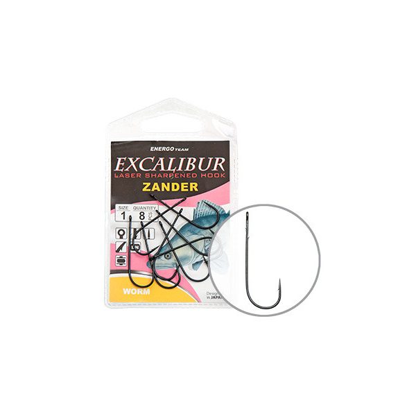 Hook Excalibur Zander Worm, Black, (8 Pcs/Pack), Size 1