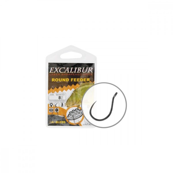 Hook Excalibur Round Feeder Barbless, Ptf Coat, Grey, (8 Pcs/Pack), Size 18