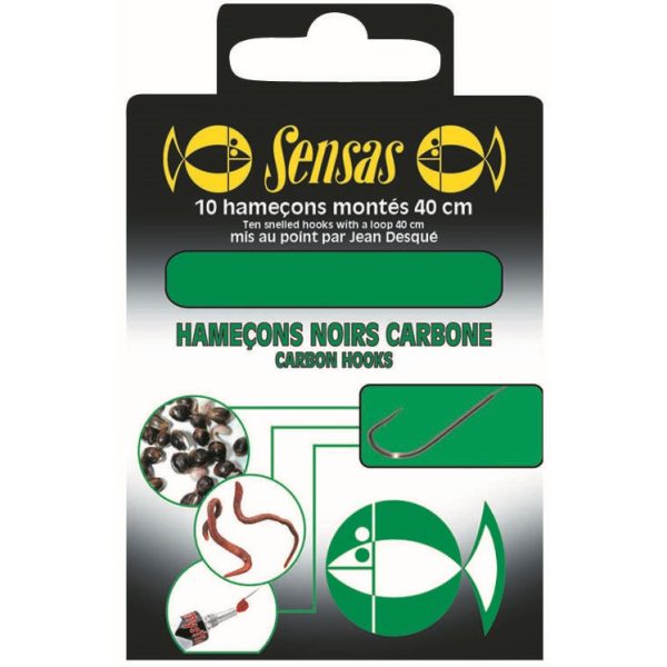 Sensas Carbon Black 40cm 0,1mm 18 flats, bearded monofilament pre-tied hooks 10pcs
