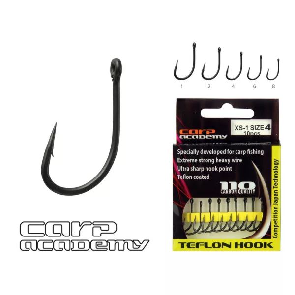Carp Academy Teflon Hook XS-1 Black 2 10 pcs/pack Eyed Barbed Boilie hook