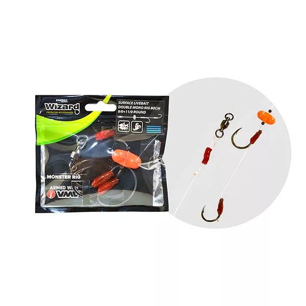 Wizard Monster Surface Livebait Double Mono Rig 7/0+9/0 Classic 80cm Double Hook Monofilament Rig