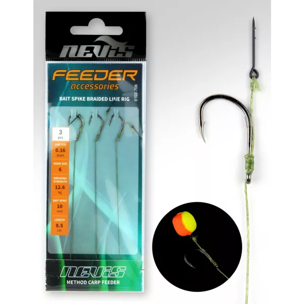 Nevis Feeder Braided Leader with Bait Spike Black 6 3pcs/pack Eyed Barbed Braided Pre-tied Hook