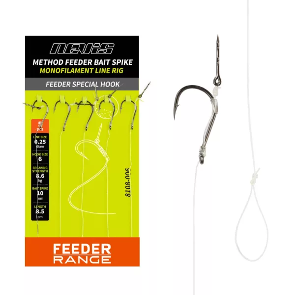 Nevis Feeder 12 Eyed, Barbed Monofilament Pre-tied Hook with Bait Spike 5pcs