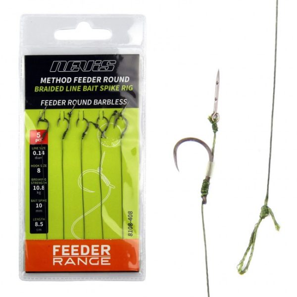 Nevis 8 Beardless, Earless, Feeder Braided Pre-tied Hook with Baited Spike 5pcs
