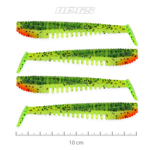 Nevis Impulse Shad 10cm 6,92gr 4pcs Green-Orange Flitter Plastic bait