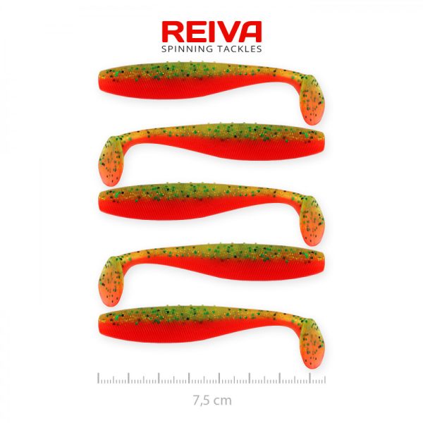 Reiva Flat Minnow shad 7,5cm 5db/cs (Green-Orange Flitter) Plastic bait