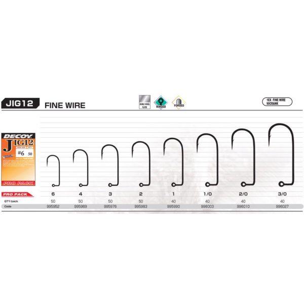 Decoy Pro Pack Jig12 Fine Wire #3 Eyed Barbed Single Jig Hook 50pcs