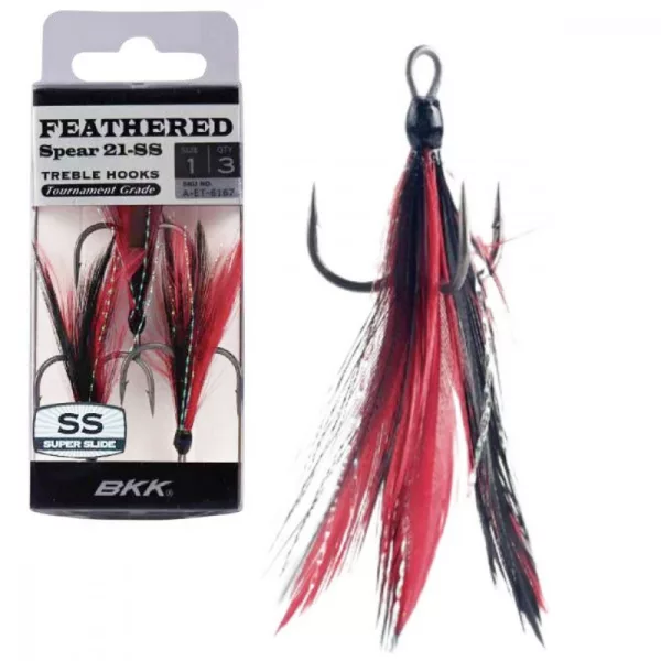 BKK Feathered Spear-21 SS 8 Eyed, Barbed Red-Black Treble Hook 3pcs