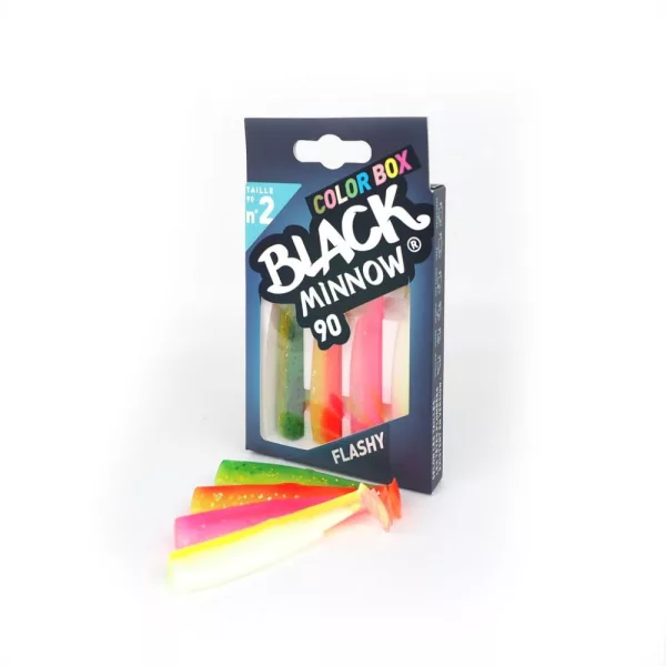 FIIISH 4pcs 90mm Black Minnow body in vibrant colors: Green/Orange - Orange/Yellow - Fluo Yellow - Plastic lure