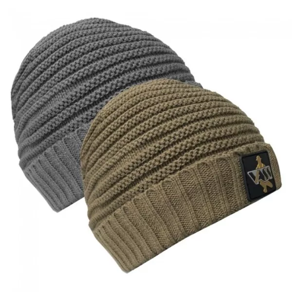 Vass-Tex Fleece Lined Ribbed Beanie Brown Hat with Rubberized Logo