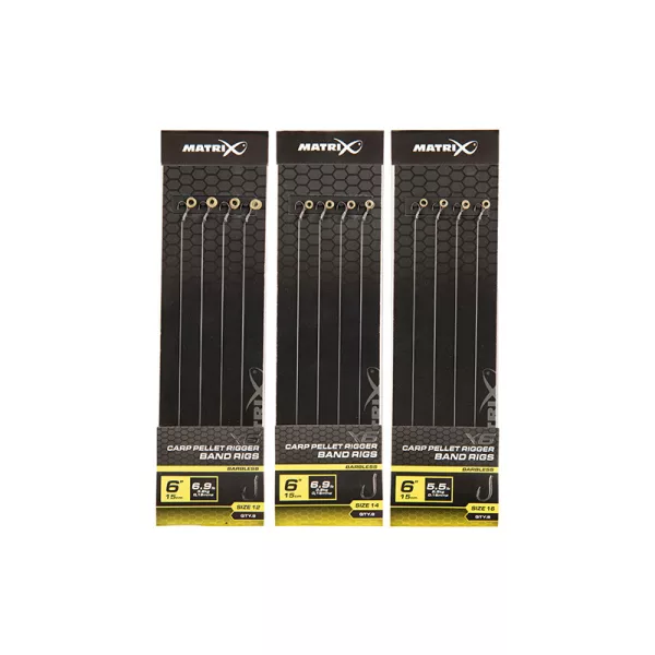 Matrix X6 Carp Pellet Rigger Band Rigs 16 15cm Füles, Szakáll Nélküli Monofil Előkötött Horog Csaligyűrűvel 8db