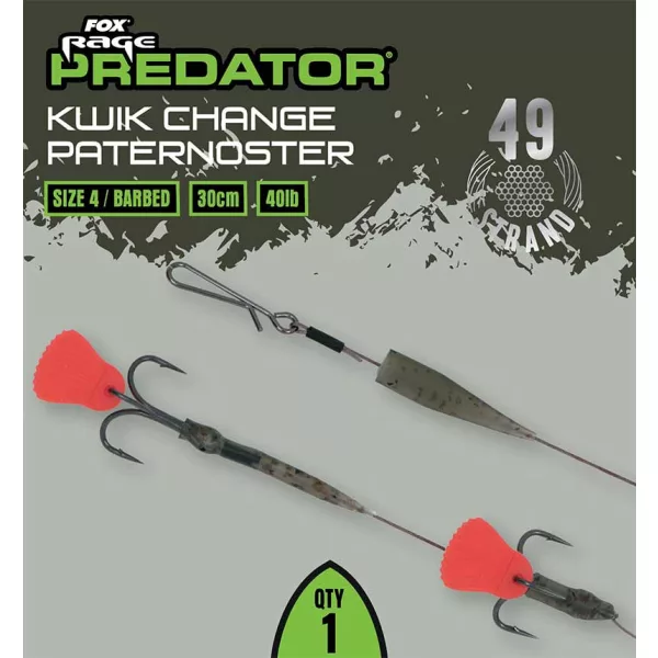 Fox Rage Predator Kwik Change Paternoster Trace 30cm Steel Wire Trace with Size 4 Treble Hook