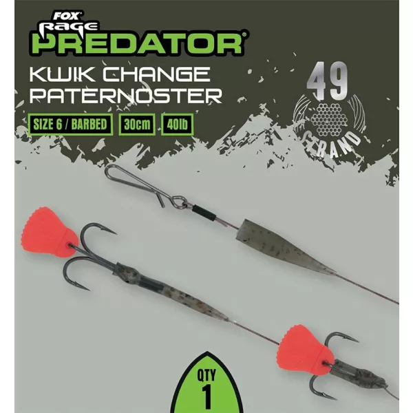 Fox Rage Predator Kwik Change Paternoster Trace 30cm Steel Wire Trace with Size 6 Treble Hook