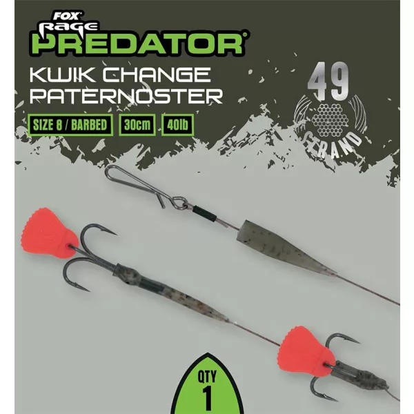 Fox Rage Predator Kwik Change Paternoster Trace 30cm Steel Wire Trace with Size 8 Treble Hook