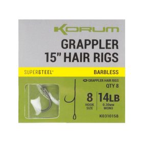   Korum Grappler Hair Rigs 38cm 8 Barbless Eyed Monofilament Pre-tied Hook