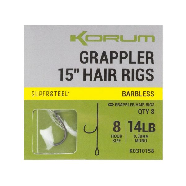 Korum Grappler Hair Rigs 38cm 8 Barbless Eyed Monofilament Pre-tied Hook