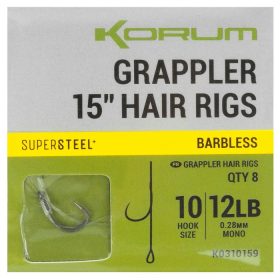   Korum Grappler Hair Rigs 38cm 10 Barbless Eyed Monofilament Pre-tied Hook