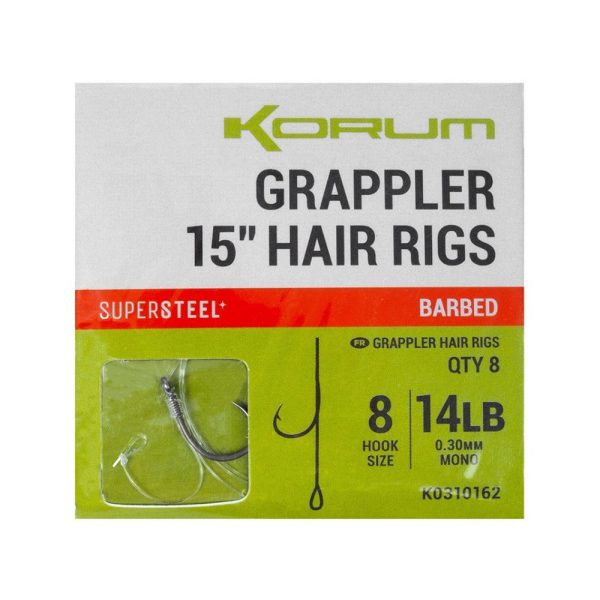 Korum Grappler Hair Rigs 38cm 8 Barbed Eyed Monofilament Pre-tied Hook