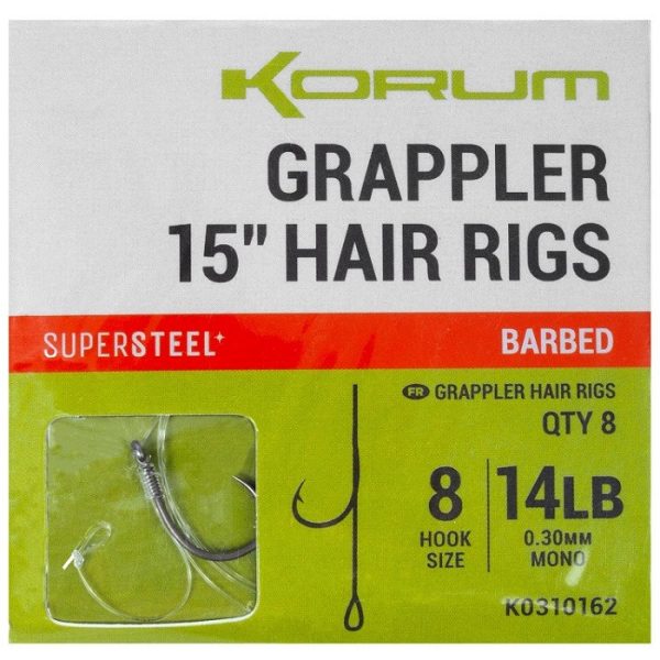 Korum Grappler Hair Rigs 38cm 10 Barbed Eyed Monofilament Pre-tied Hook