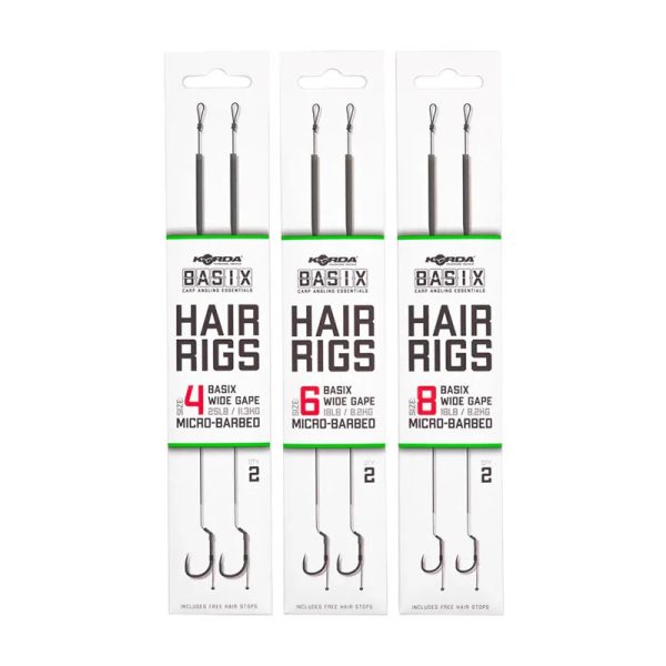 Korda Basix Hair Rigs Wide Gape 6 18lb Bearded, Ear Pre-tied Hook 2pcs