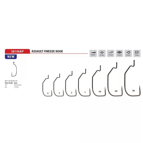 Mustad Assault Finesse Titanx 4 Eyed, Barbed Offset Hook 8pcs