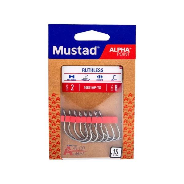 Mustad Ruthless Eyed 5/0 Eyed, Barbed Hook 5pcs