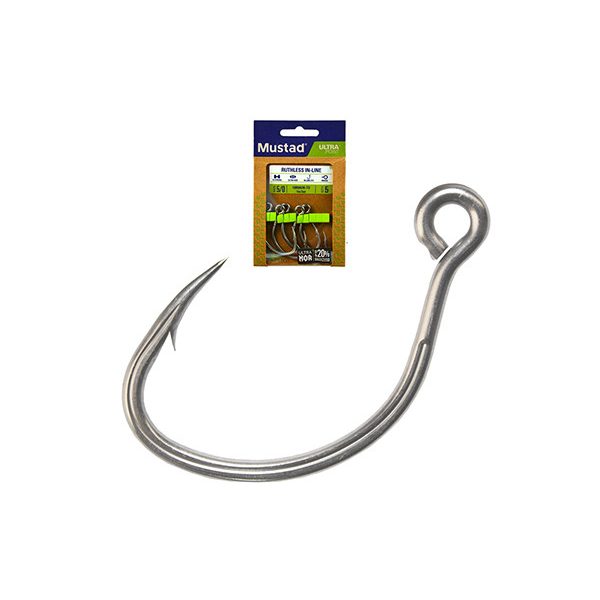 Mustad Ruthless In-Line Titan Steel 1 Eyed, Barbed Hook 6pcs