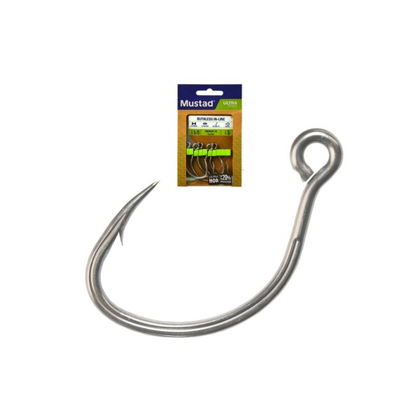 Mustad Ruthless In-Line Titan Steel 3/0 Eyed, Barbed Hook 5pcs