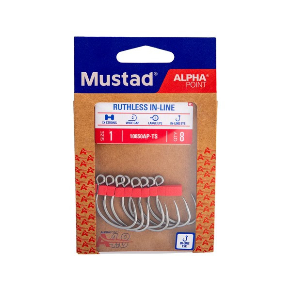 Mustad Ruthless In-Line Titan Steel 5/0 Eyed, Barbed Spinning Hook 10pc