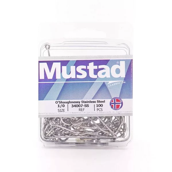 Mustad O'Shaughnessy Stainless Steel 4/0 Eyed, Barbed Hook 25pcs