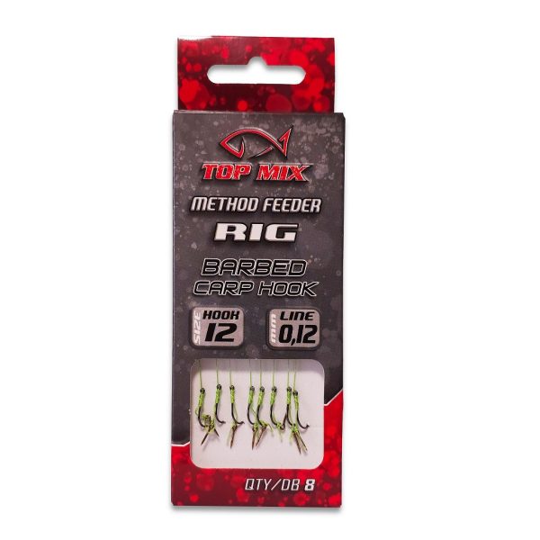 Top Mix Method Feeder Rig 12 Ears, Bearded Pre-rigged Hook with Bait 8pcs