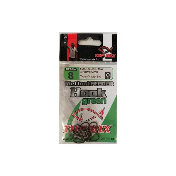 Top Mix Method Feeder Green 8 Eyed, Barbed Carp Hook 10pcs