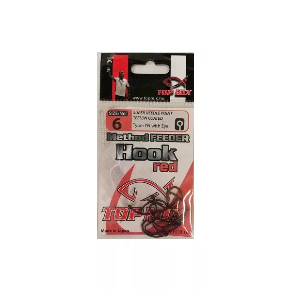 Top Mix Method Feeder Red 6 Eyed, Barbed Carp Hook 10pcs