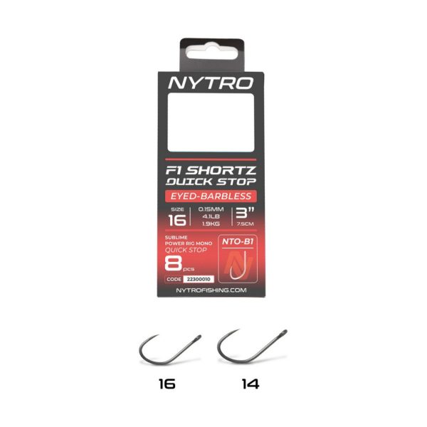 Nytro NTO-B1 16 0.13mm 7.5cm Pre-tied Eyed, Barbless Quick-Stop Hook 8pcs