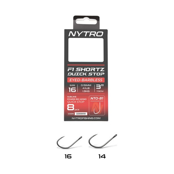 Nytro NTO-B1 16 0.15mm 7.5cm Pre-tied Eyed, Barbless Quick-Stop Hook 8pcs
