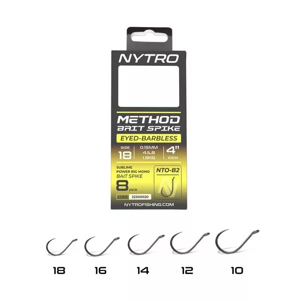 Nytro NTO-B2 16 0.17mm 10cm Pre-tied Eyed, Barbless Bait Spike Hook 8pcs