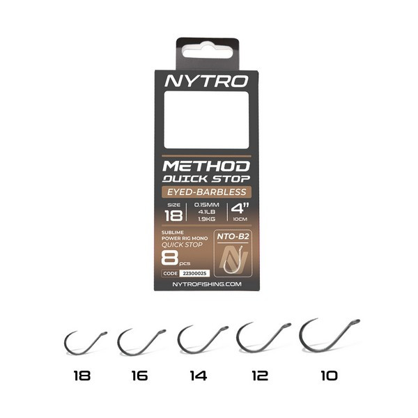 Nytro NTO-B2 14 0.19mm 10cm Pre-tied Eyed, Barbless Quick-Stop Hook 8pcs