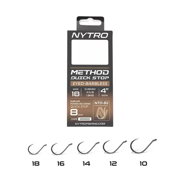 Nytro NTO-B2 16 0.17mm 10cm Pre-tied Eyed, Barbless Quick-Stop Hook 8pcs