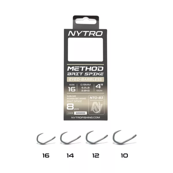 Nytro NTO-B3 10 0.25mm 10cm Pre-tied Eyed, Barbless Bait Spike Hook 8pcs