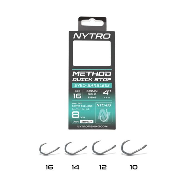 Nytro NTO-B3 10 0.25mm 10cm Pre-tied Eyed, Barbless Quick-Stop Hook 8pcs