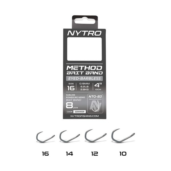 Nytro NTO-B3 16 0.19mm 10cm Pre-tied Eyed, Barbless Quick-Stop Hook 8pcs