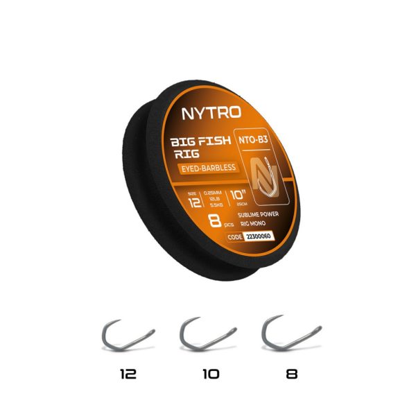 Nytro NTO-B3 Big Fish 8 0.30mm 25cm Pre-tied Eyed, Barbless Hook 8pcs